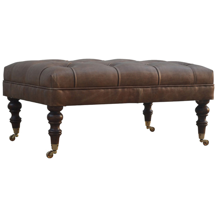 Solid Wood Buffalo Leather Upholstered Ottoman, Dark Brown