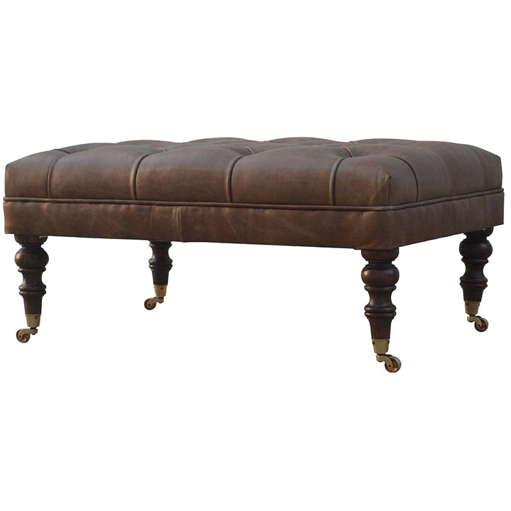Solid Wood Buffalo Leather Upholstered Ottoman, Dark Brown