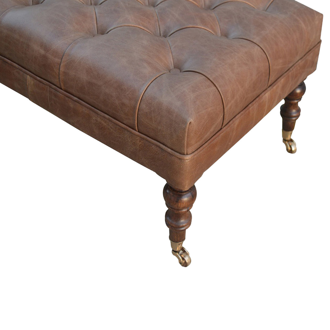 Solid Wood Buffalo Leather Upholstered Ottoman, Dark Brown