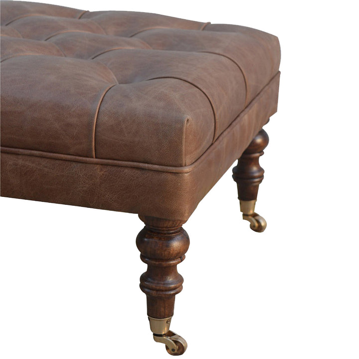 Solid Wood Buffalo Leather Upholstered Ottoman, Dark Brown