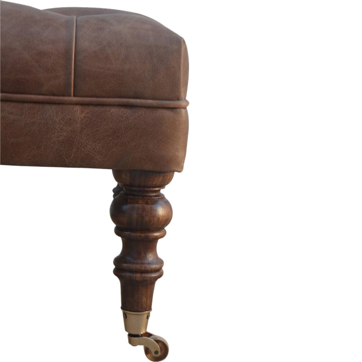 Solid Wood Buffalo Leather Upholstered Ottoman, Dark Brown