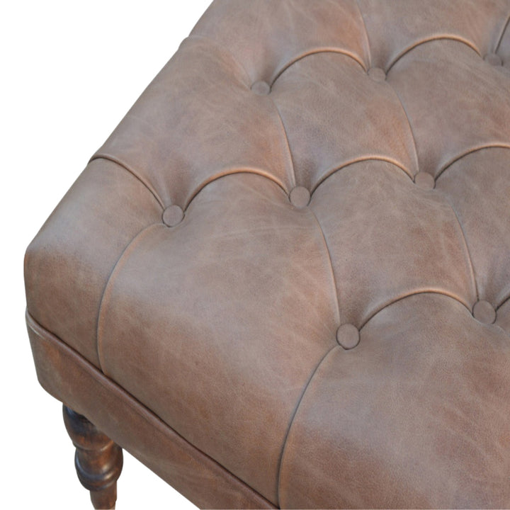 Solid Wood Buffalo Leather Upholstered Ottoman, Dark Brown
