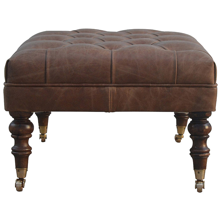 Solid Wood Buffalo Leather Upholstered Ottoman, Dark Brown