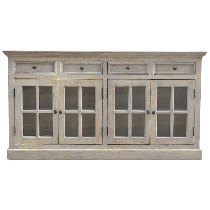 Solid Wood Stone Acid Wash Glazed Sideboard, 4-Drawers, 4-Shelves, White