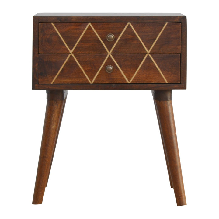 Geo Brass Inlay Bedside, 2-Drawers, Nordic Legs, Gold and Brown