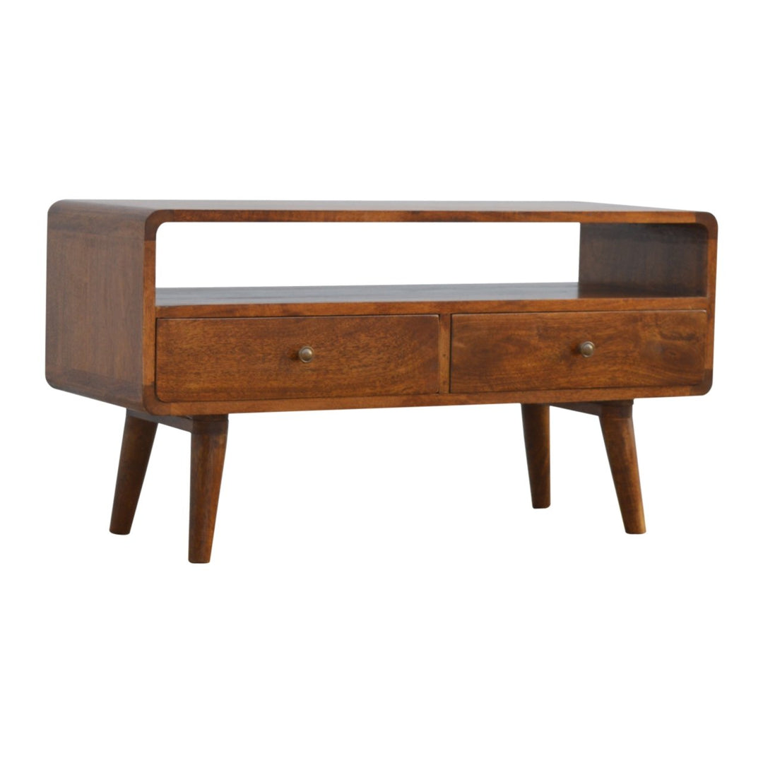 Solid Wood Curved Chestnut Media Unit, Open Slot, 2-Drawers, Brown
