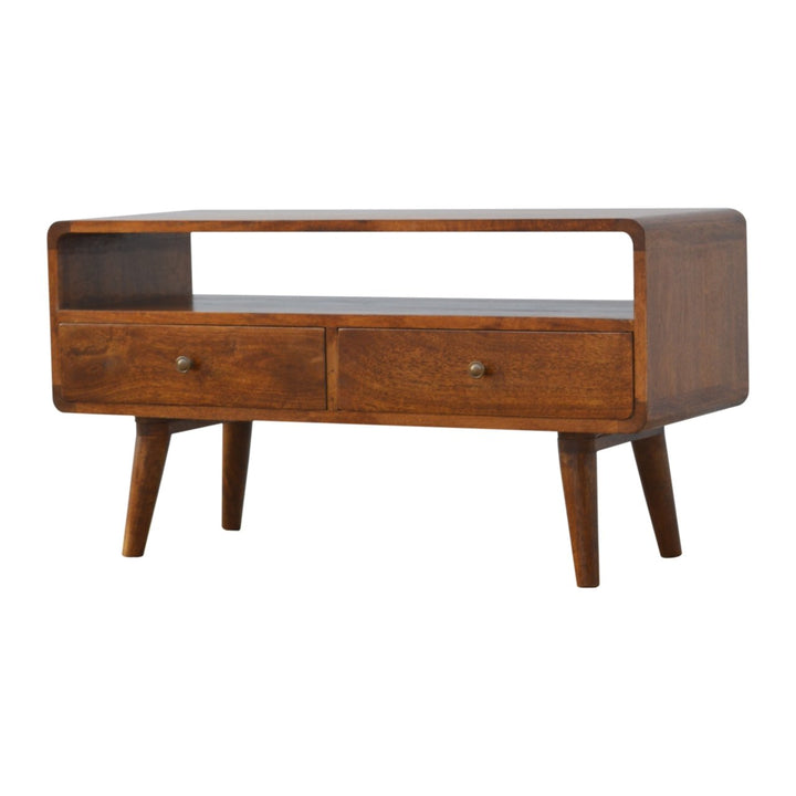 Solid Wood Curved Chestnut Media Unit, Open Slot, 2-Drawers, Brown