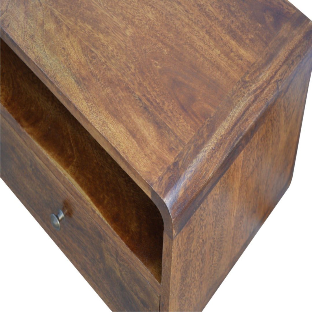 Solid Wood Curved Chestnut Media Unit, Open Slot, 2-Drawers, Brown