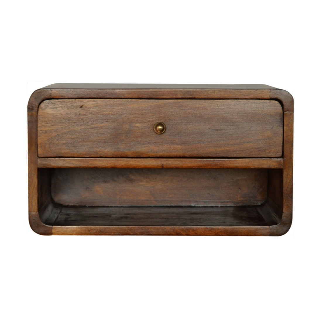 Solid Wood Curve Floating Bedside, 1-Drawer, 1 Open Slot, Chestnut, Brown