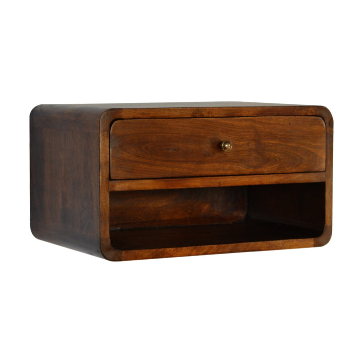 Solid Wood Curve Floating Bedside, 1-Drawer, 1 Open Slot, Chestnut, Brown