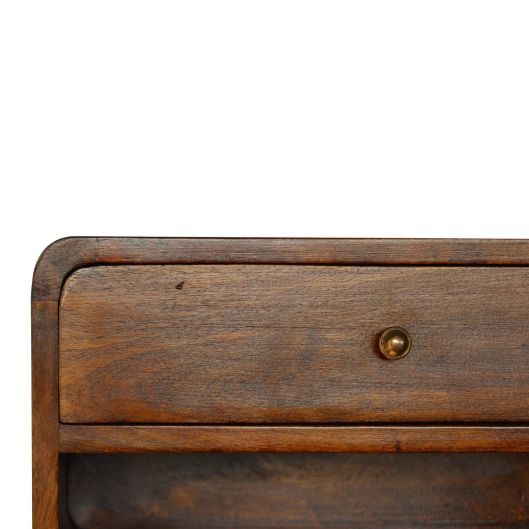 Solid Wood Curve Floating Bedside, 1-Drawer, 1 Open Slot, Chestnut, Brown
