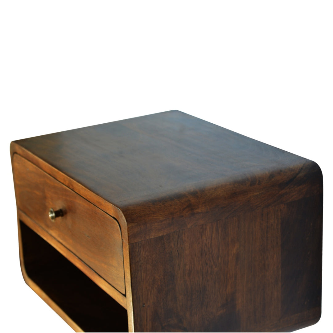 Solid Wood Curve Floating Bedside, 1-Drawer, 1 Open Slot, Chestnut, Brown