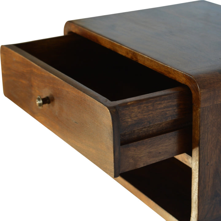Solid Wood Curve Floating Bedside, 1-Drawer, 1 Open Slot, Chestnut, Brown
