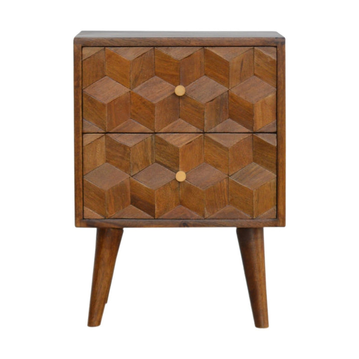 Chestnut Cube Carved Bedside Nightstand, Nordic Legs, 2-Drawers, Brown
