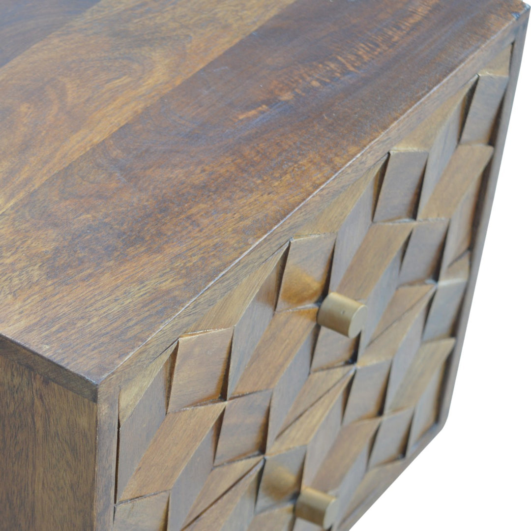 Chestnut Cube Carved Bedside Nightstand, Nordic Legs, 2-Drawers, Brown