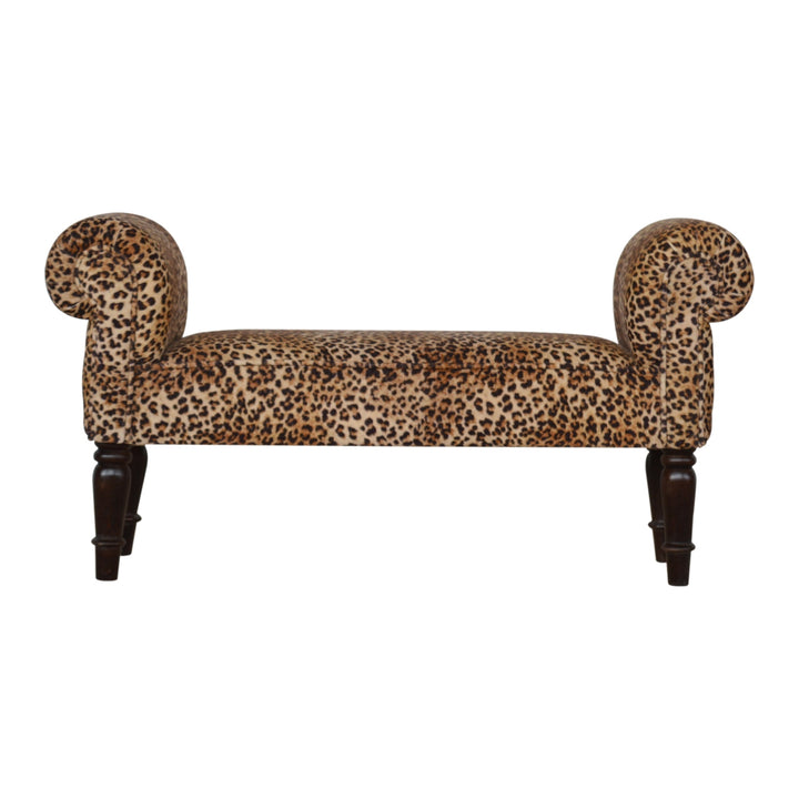 Leopard Print Velvet Bench, Upholstered Yellow and Brown