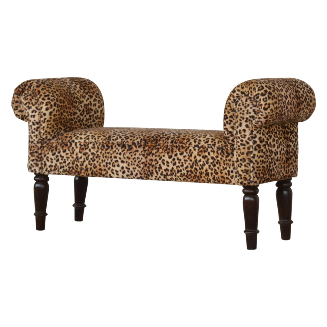 Leopard Print Velvet Bench, Upholstered Yellow and Brown