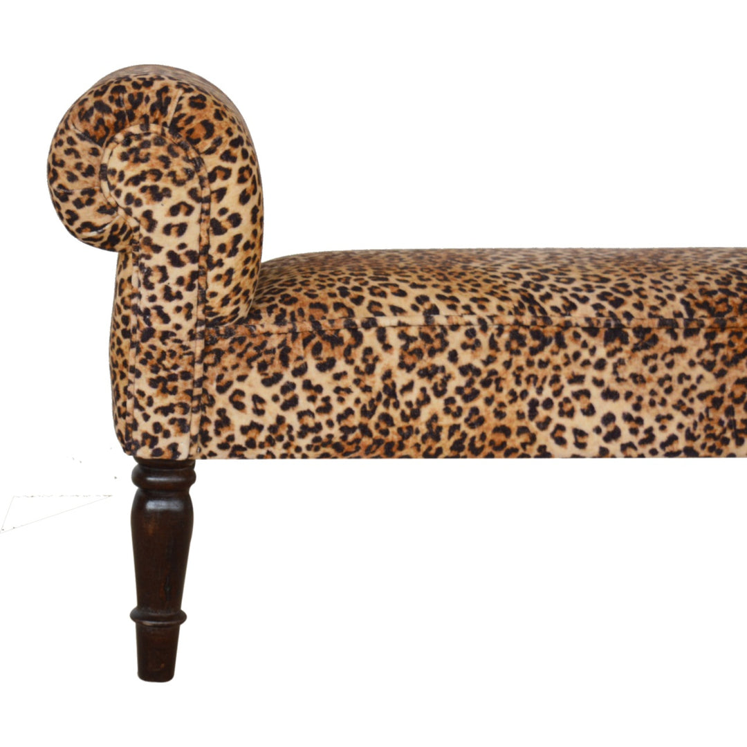 Leopard Print Velvet Bench, Upholstered Yellow and Brown