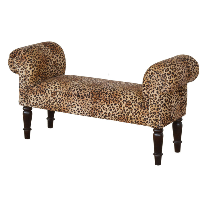 Leopard Print Velvet Bench, Upholstered Yellow and Brown