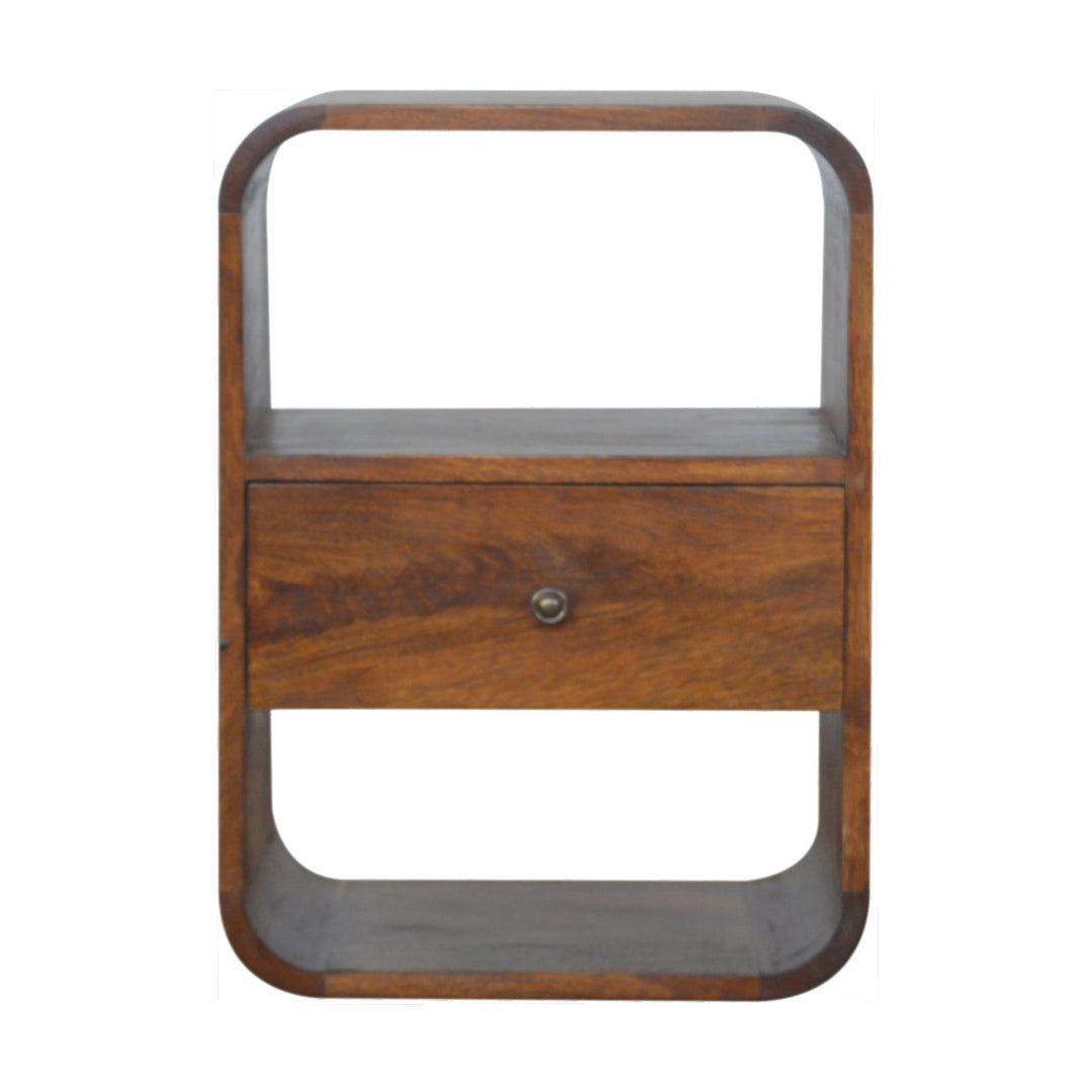 Solid Wood Chestnut Curved Edge Nightstand, 1-Drawer, 2 Open Slots, Brown