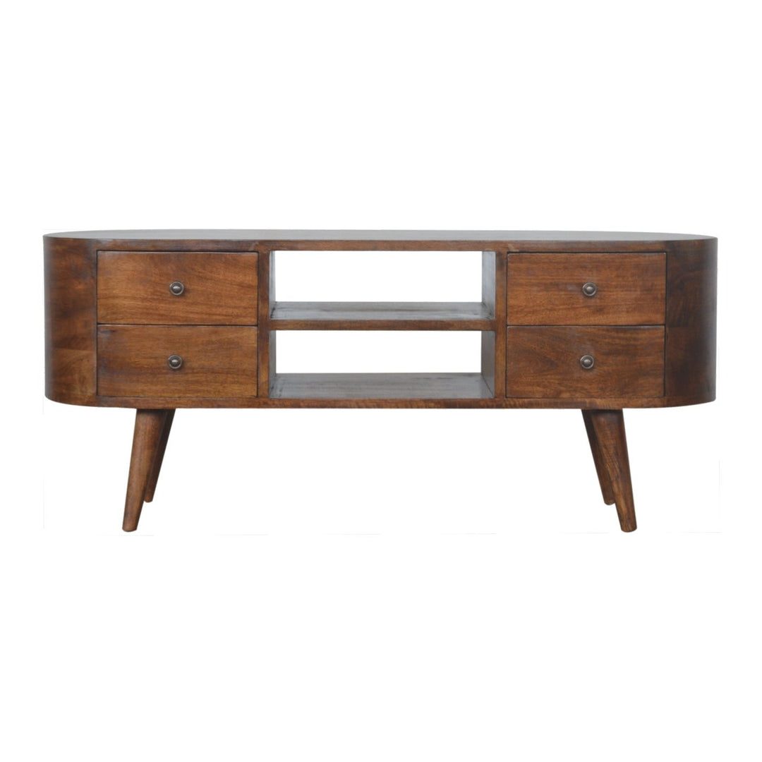 Chestnut Rounded Entertainment Unit, Nordic Legs, 4-Drawers, 2 Open Slot, Brown