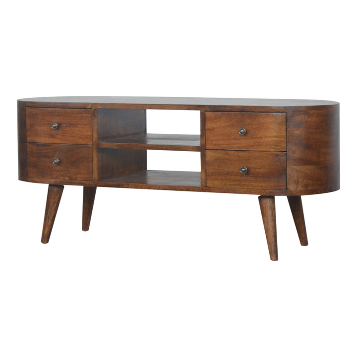 Chestnut Rounded Entertainment Unit, Nordic Legs, 4-Drawers, 2 Open Slot, Brown