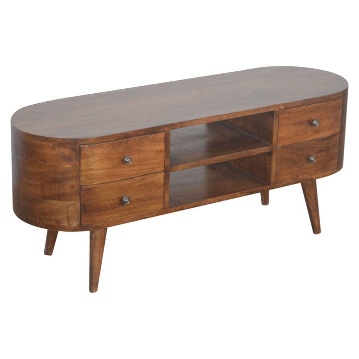 Chestnut Rounded Entertainment Unit, Nordic Legs, 4-Drawers, 2 Open Slot, Brown