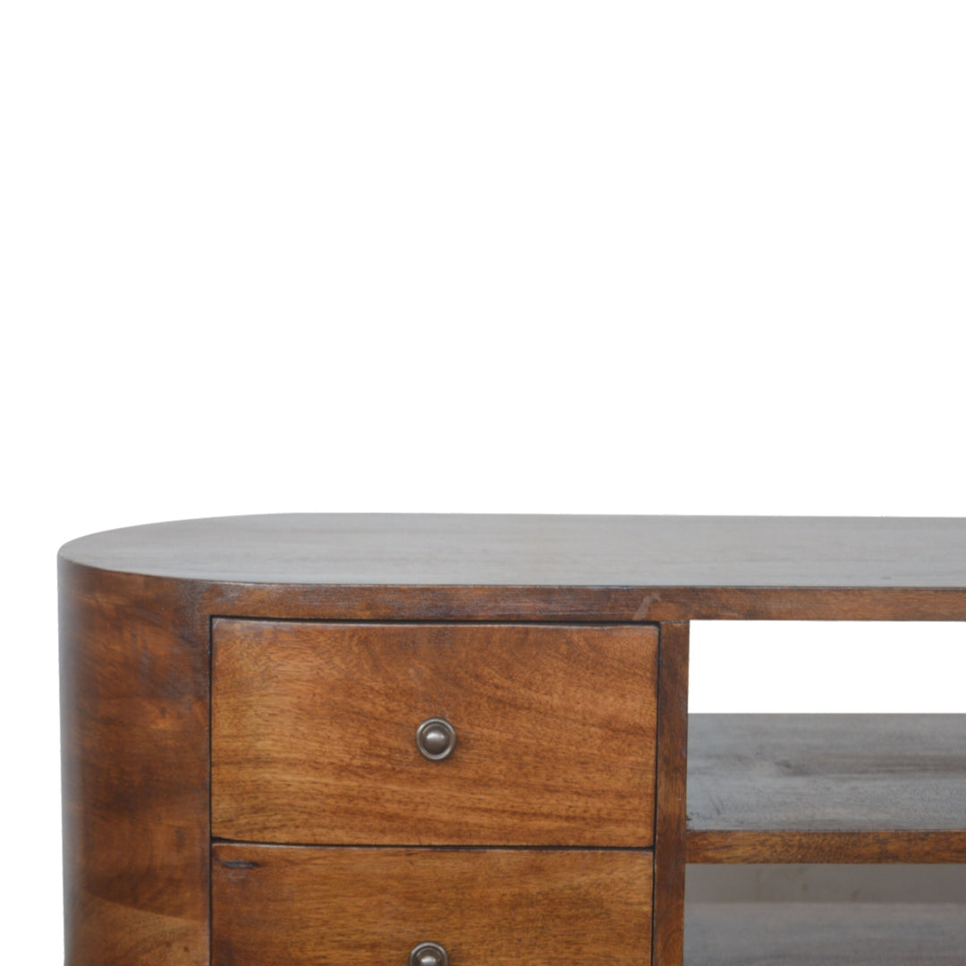 Chestnut Rounded Entertainment Unit, Nordic Legs, 4-Drawers, 2 Open Slot, Brown