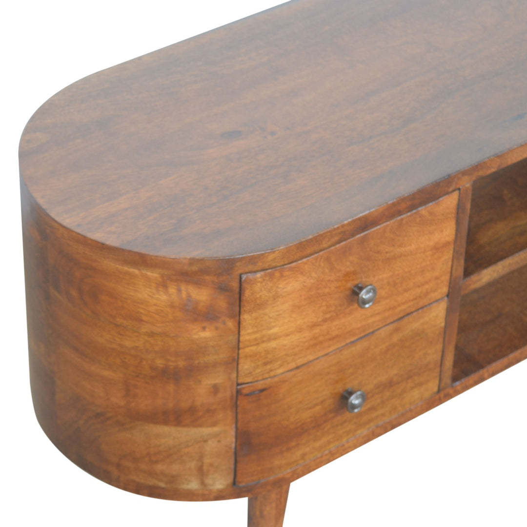 Chestnut Rounded Entertainment Unit, Nordic Legs, 4-Drawers, 2 Open Slot, Brown