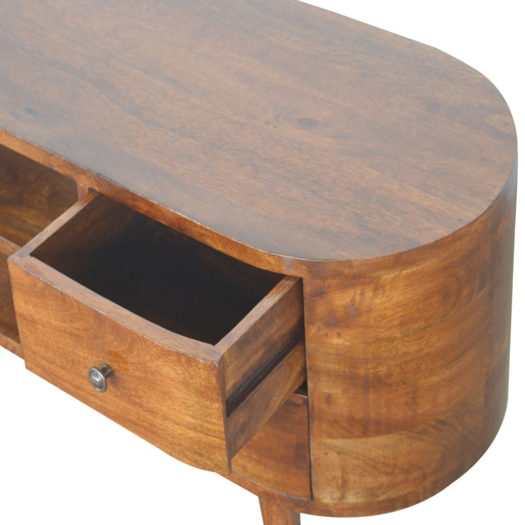 Chestnut Rounded Entertainment Unit, Nordic Legs, 4-Drawers, 2 Open Slot, Brown