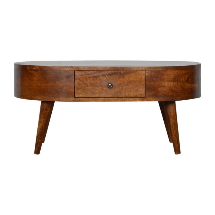 Chestnut Rounded Coffee Table, Nordic Legs, 2-Drawers, Brown