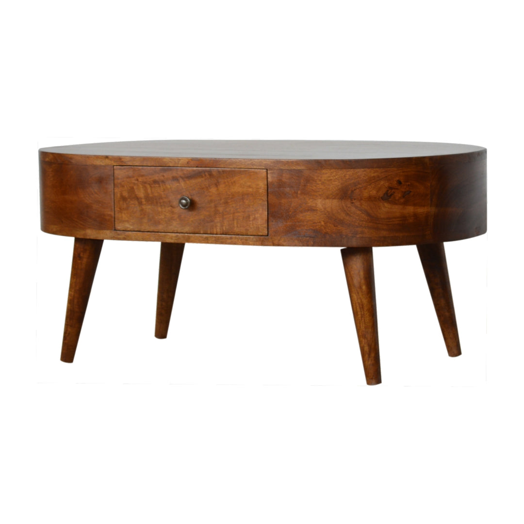 Chestnut Rounded Coffee Table, Nordic Legs, 2-Drawers, Brown