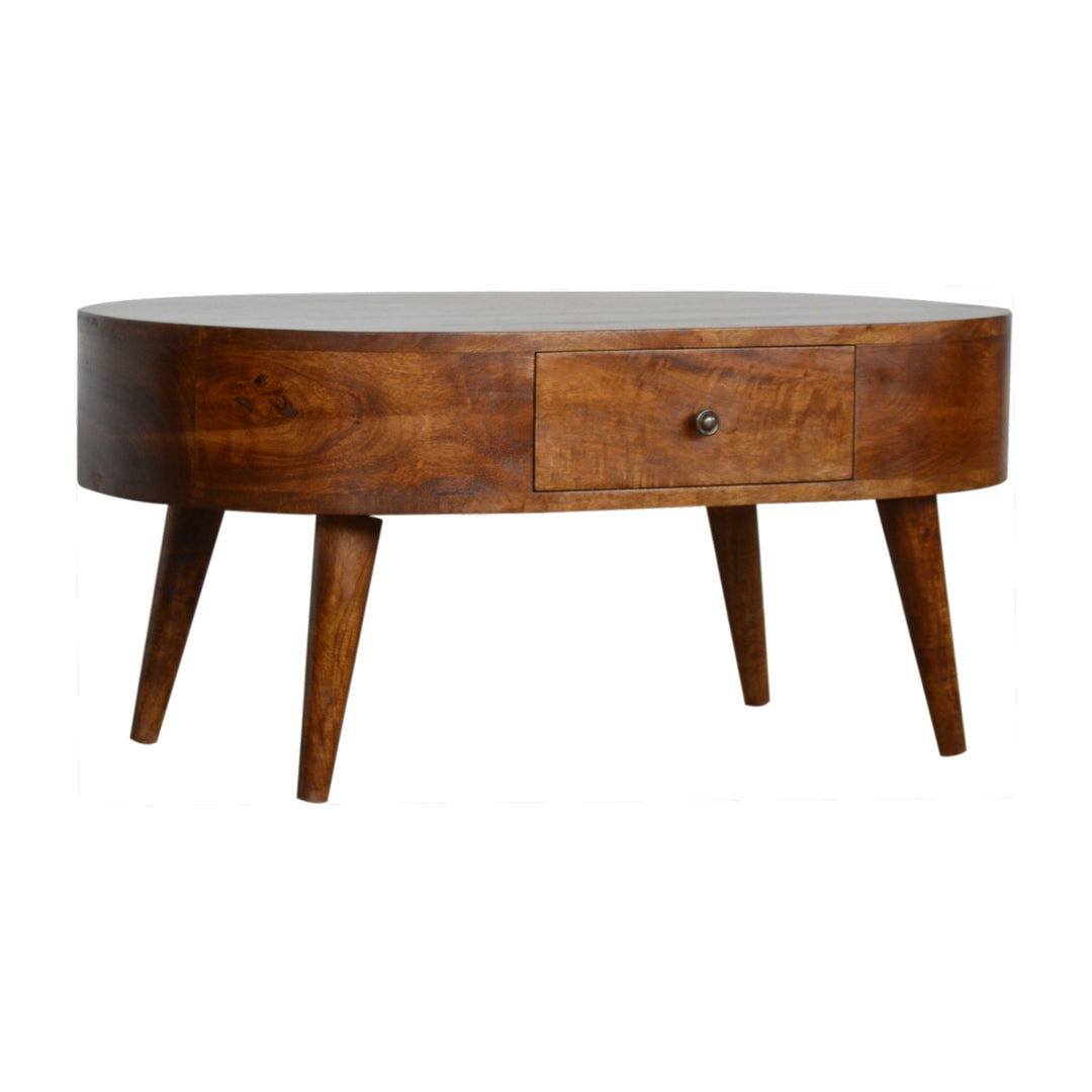 Chestnut Rounded Coffee Table, Nordic Legs, 2-Drawers, Brown