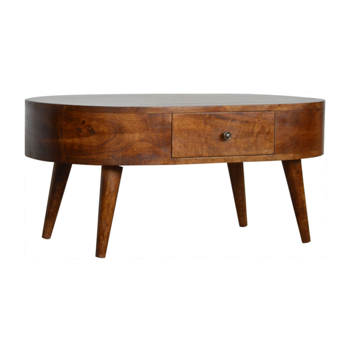 Chestnut Rounded Coffee Table, Nordic Legs, 2-Drawers, Brown