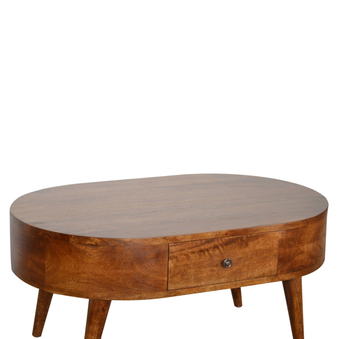 Chestnut Rounded Coffee Table, Nordic Legs, 2-Drawers, Brown