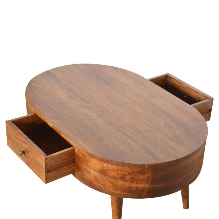 Chestnut Rounded Coffee Table, Nordic Legs, 2-Drawers, Brown