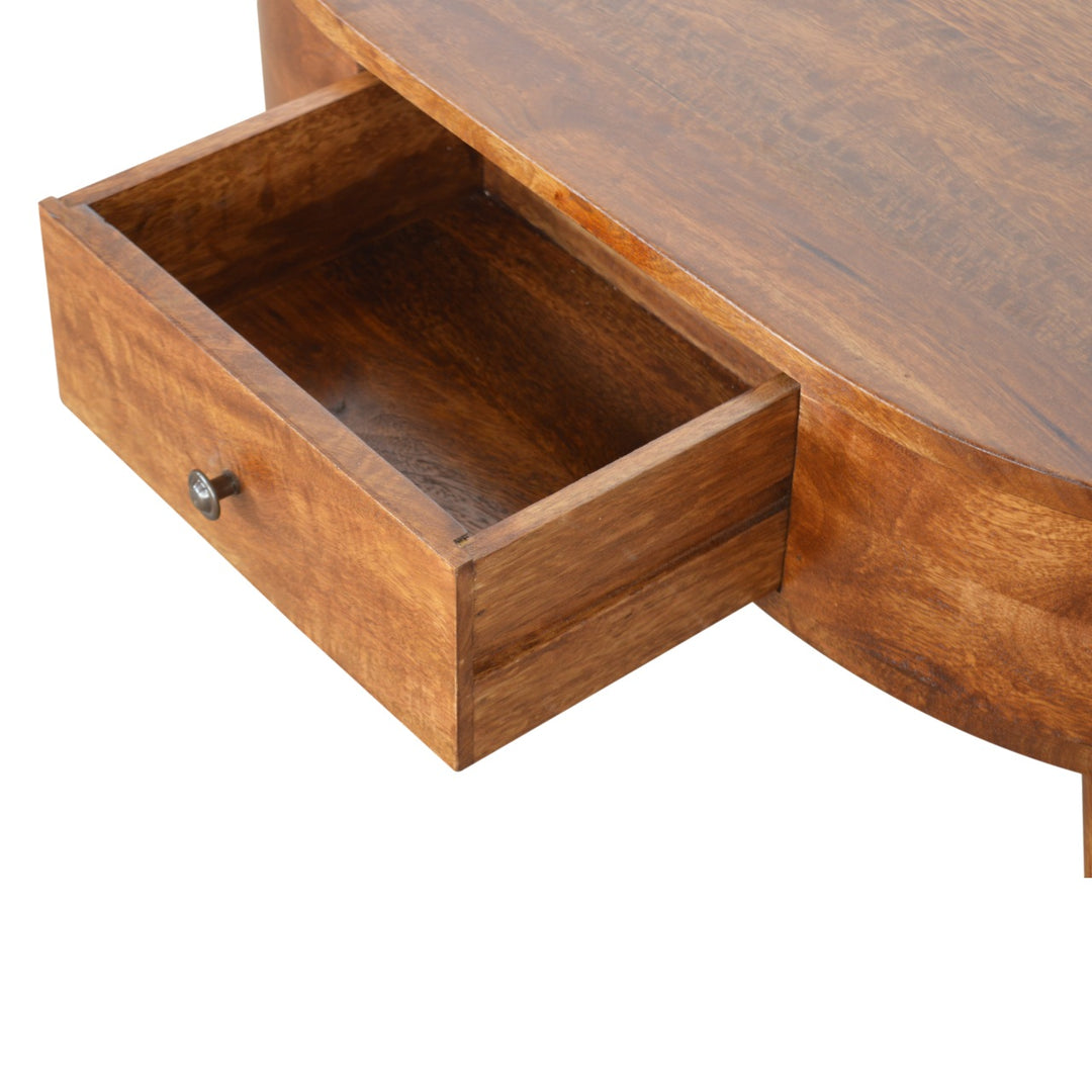 Chestnut Rounded Coffee Table, Nordic Legs, 2-Drawers, Brown