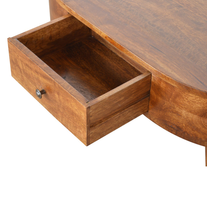 Chestnut Rounded Coffee Table, Nordic Legs, 2-Drawers, Brown