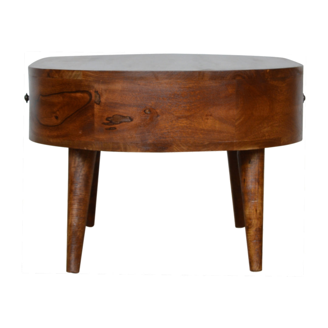 Chestnut Rounded Coffee Table, Nordic Legs, 2-Drawers, Brown