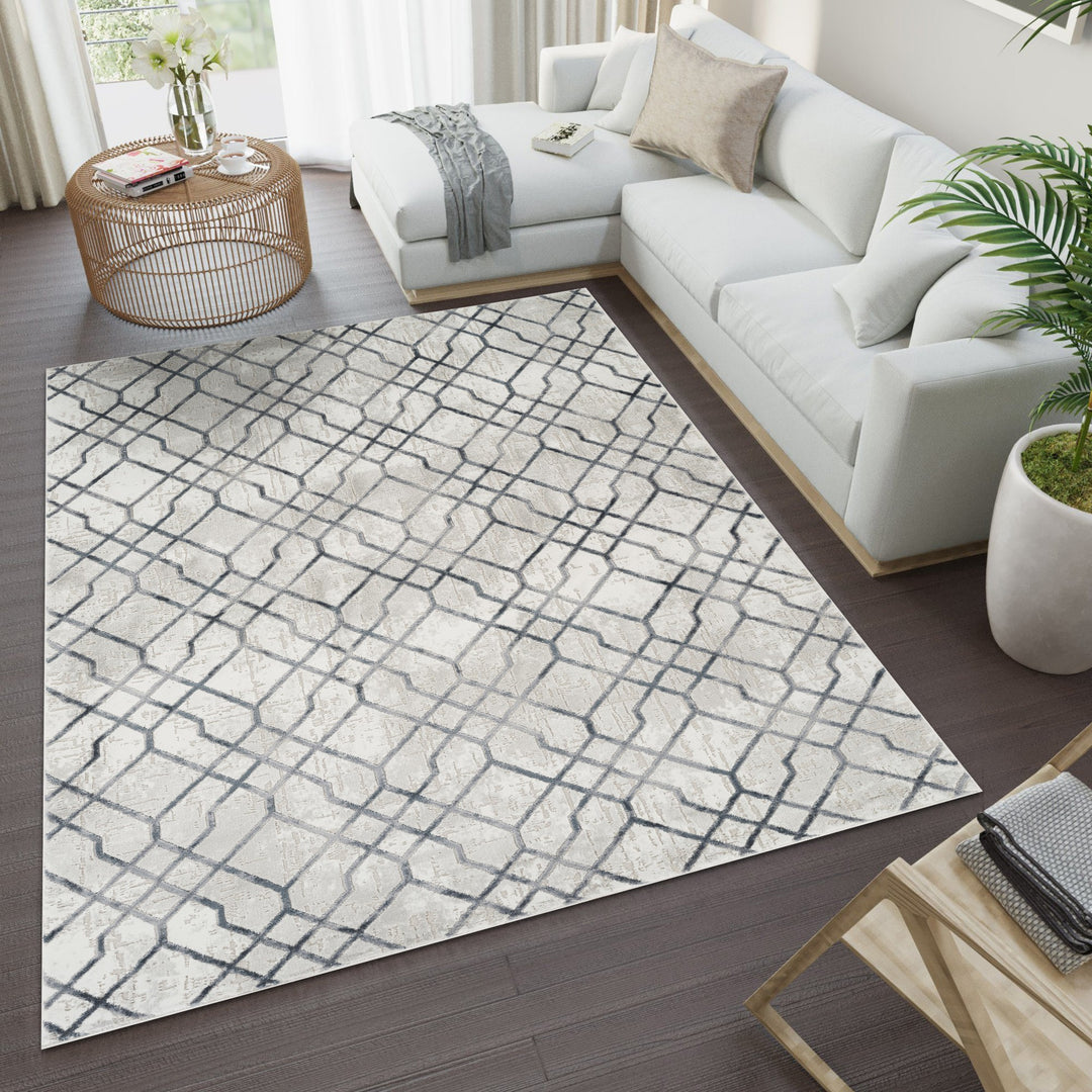 Troy Geometric Trellis Area Rug  | Soft Polyester Rug | Modern Moroccan Lattice Design Indoor Rug for Living Room, Bedroom & Dining Room