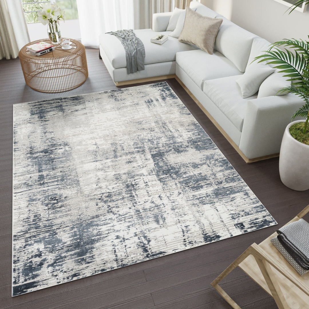 Troy Abstract Modern Area Rug, Soft Polyester Cut Pile Carpet, Neutral Beige & Ivory Distressed Design, 0.39" Pile Height, Living Room, Bedroom & Dining Room Rug