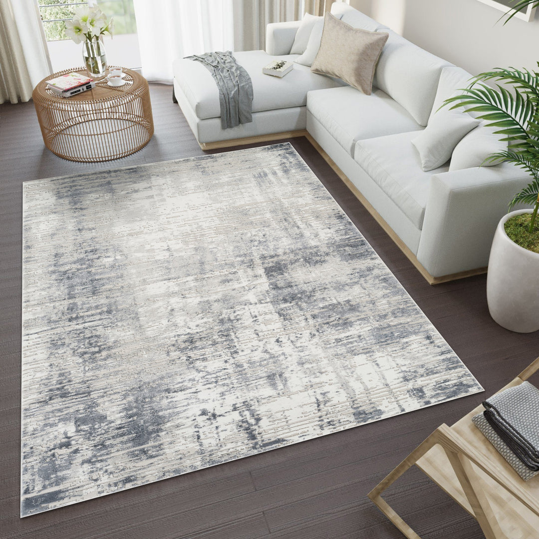 Troy Abstract Modern Area Rug, Soft Polyester Cut Pile Carpet, Neutral Beige & Ivory Distressed Design, 0.39" Pile Height, Living Room, Bedroom & Dining Room Rug