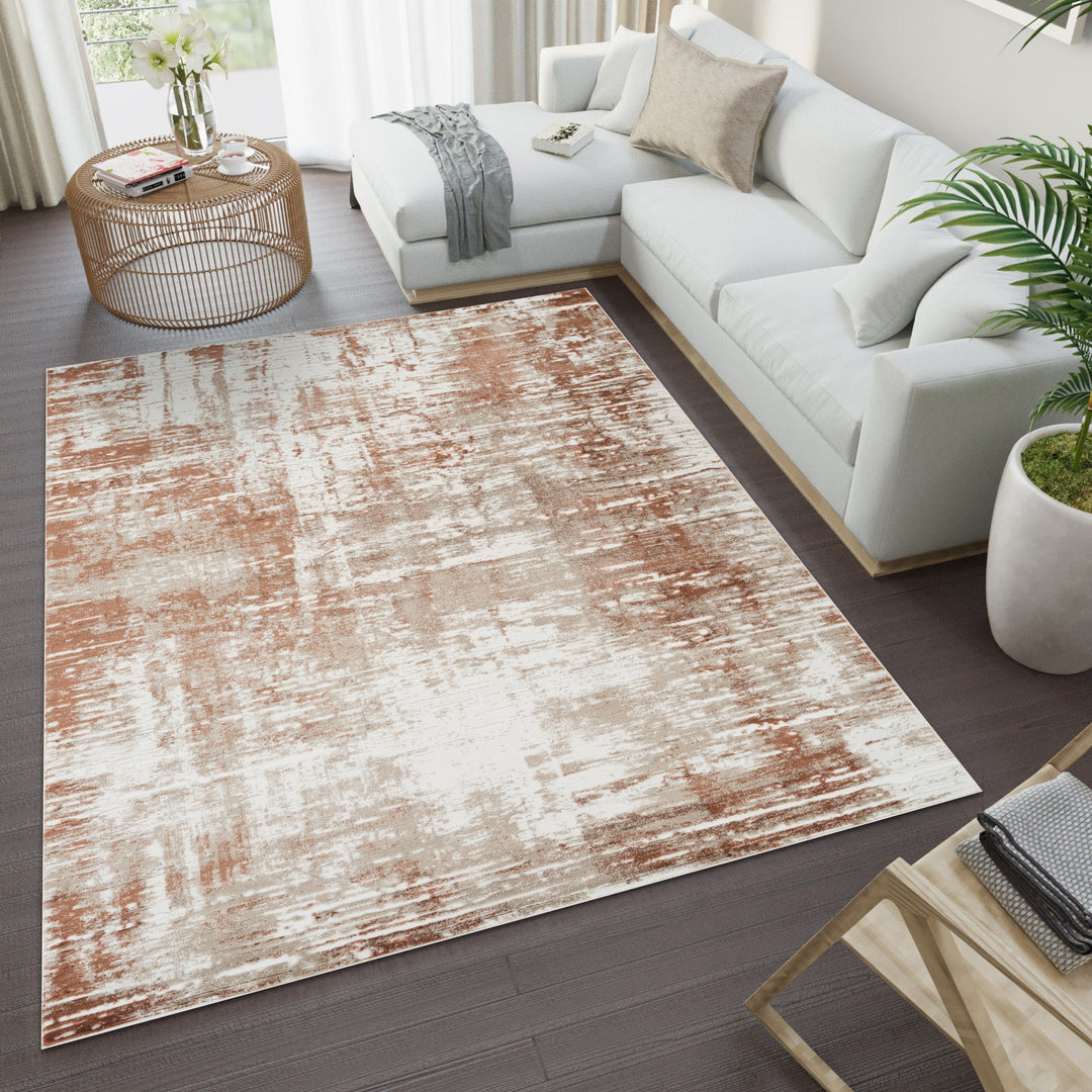Troy Abstract Modern Area Rug, Soft Polyester Cut Pile Carpet, Neutral Beige & Ivory Distressed Design, 0.39" Pile Height, Living Room, Bedroom & Dining Room Rug