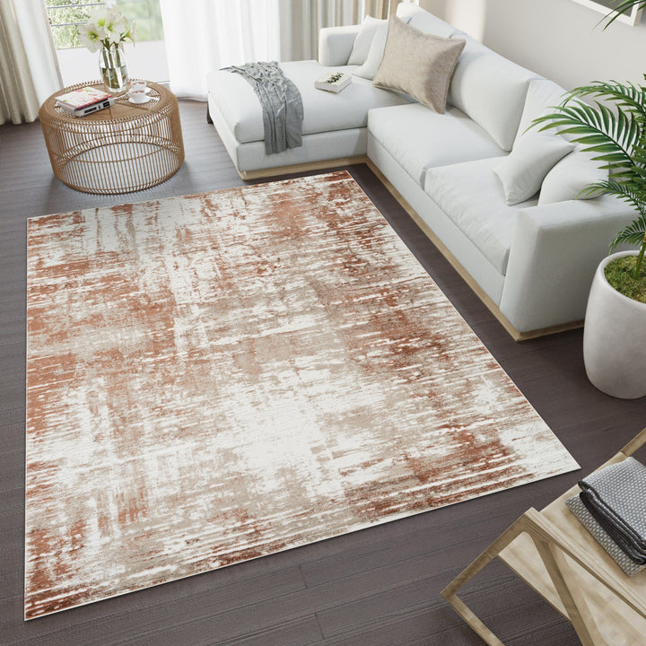 Troy Abstract Modern Area Rug, Soft Polyester Cut Pile Carpet, Neutral Beige & Ivory Distressed Design, 0.39" Pile Height, Living Room, Bedroom & Dining Room Rug