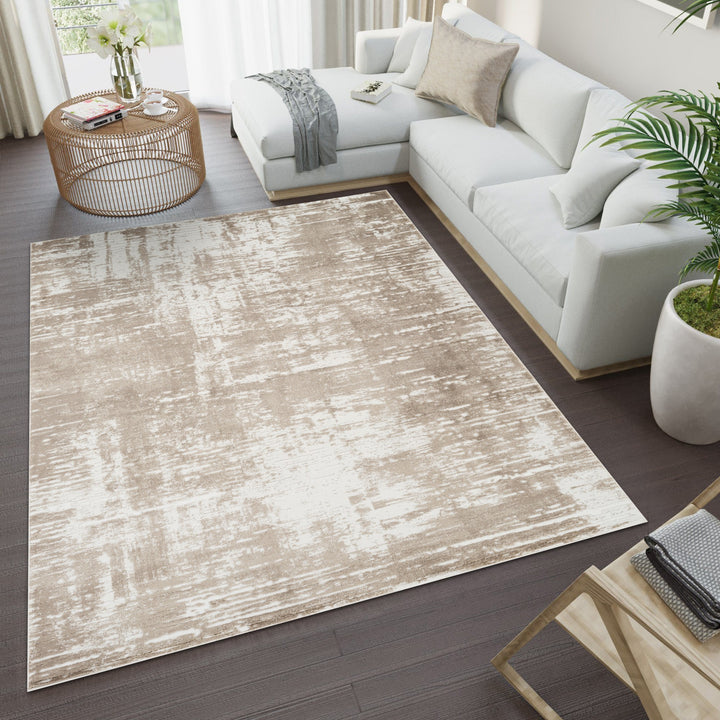 Troy Abstract Modern Area Rug, Soft Polyester Cut Pile Carpet, Neutral Beige & Ivory Distressed Design, 0.39" Pile Height, Living Room, Bedroom & Dining Room Rug